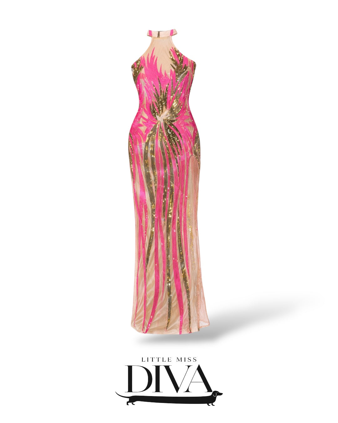 Pink & Gold Sequin Halter Maxi Dress