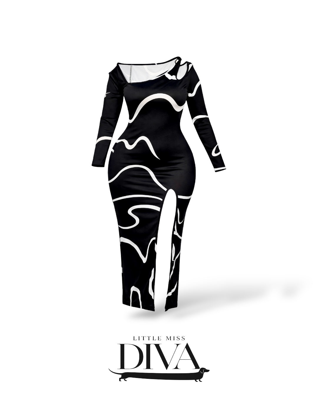 Black and white abstract print long sleeve maxi dress with front slit