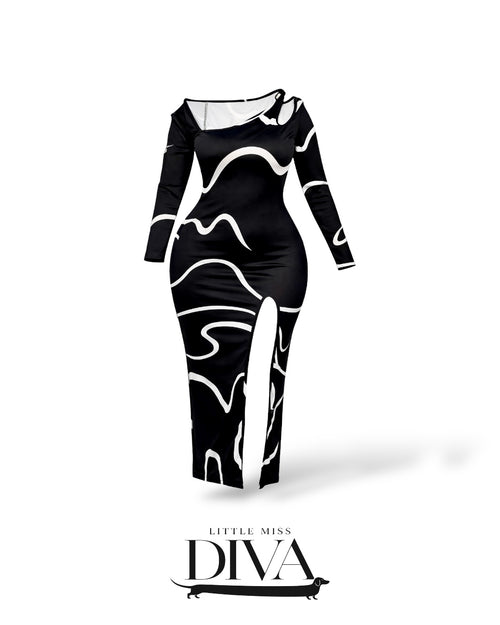 Black and white abstract print long sleeve maxi dress with front slit