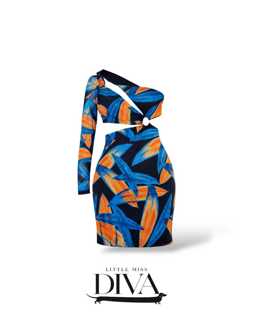 Abstract print one-shoulder mini dress with cutout detail and fitted silhouette