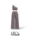 Abstract print one-shoulder two-piece set with crop top and wide-leg pants