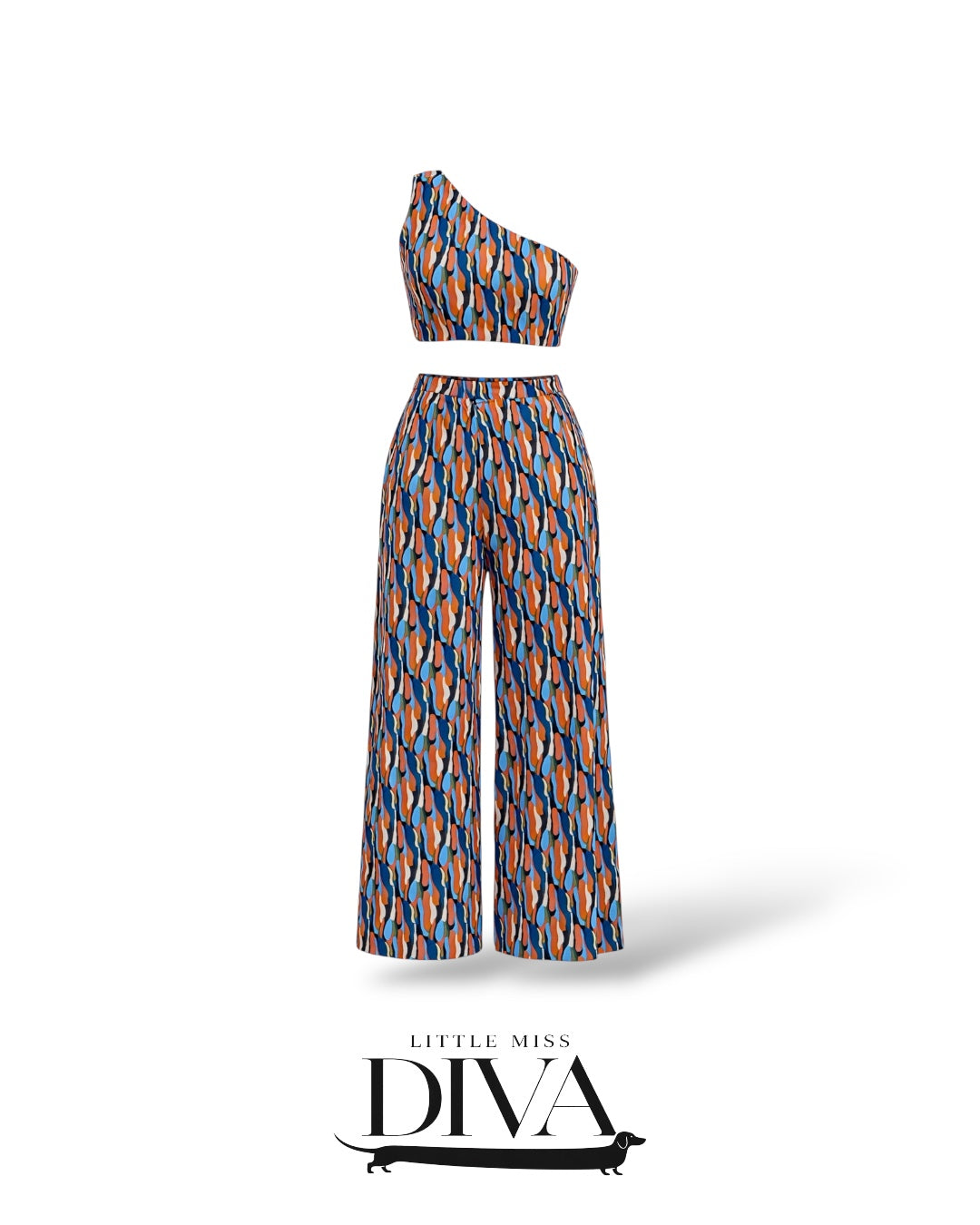 Abstract print one-shoulder two-piece set with crop top and wide-leg pants