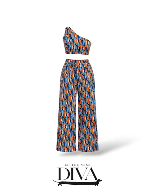 Abstract print one-shoulder two-piece set with crop top and wide-leg pants