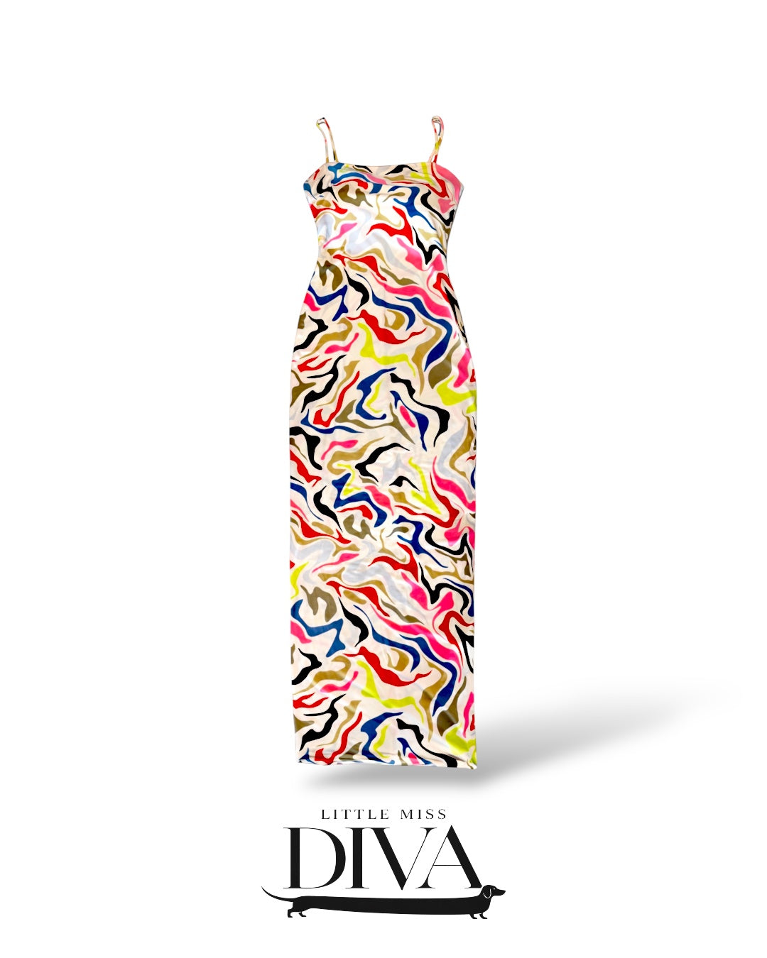 Multicolor abstract print maxi dress with fitted silhouette and spaghetti straps