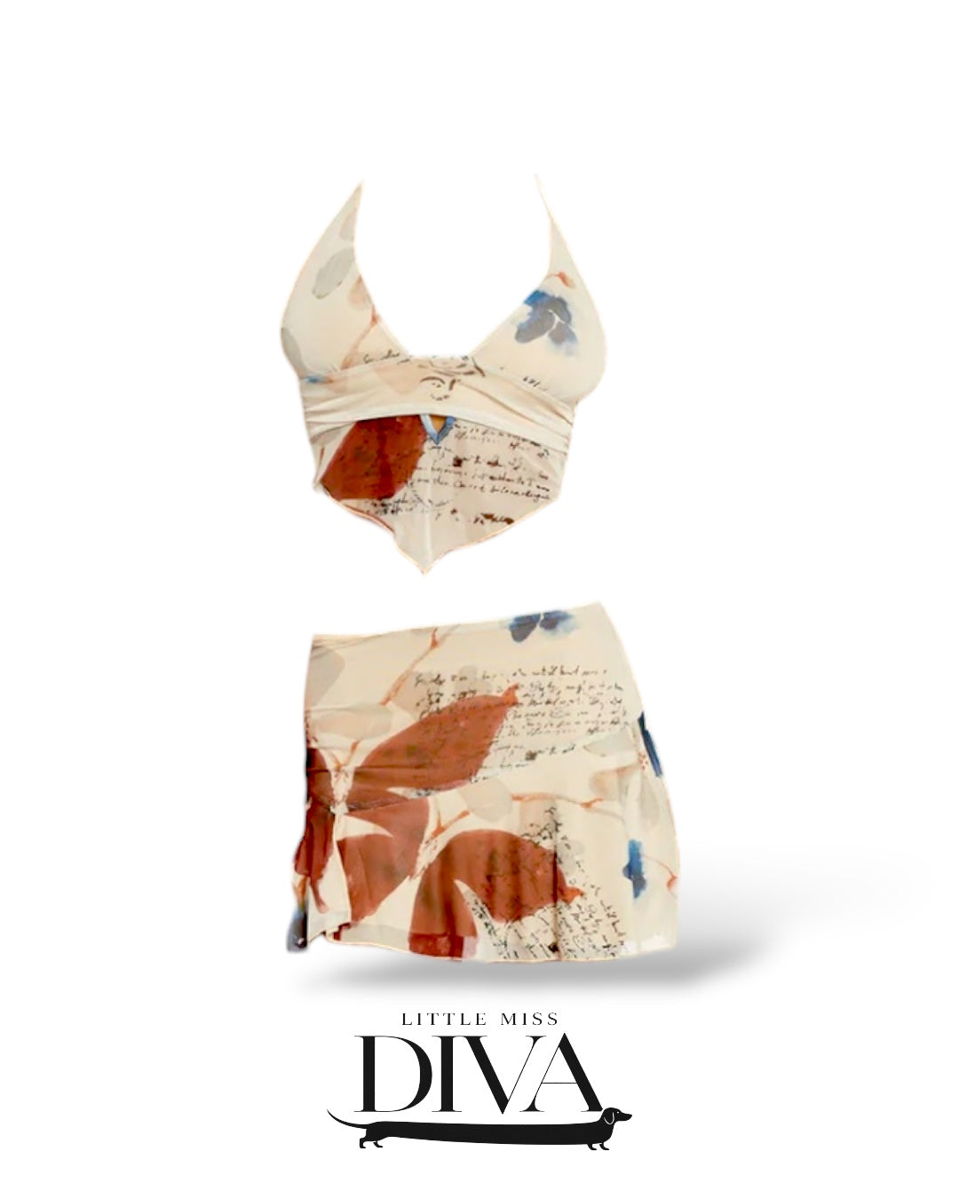 Abstract script print halter top and matching mini skirt two-piece set with wrap detailing