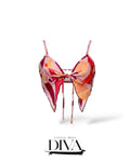 Abstract print tie-front handkerchief top with spaghetti straps and pointed hem in pink, orange, and red tones