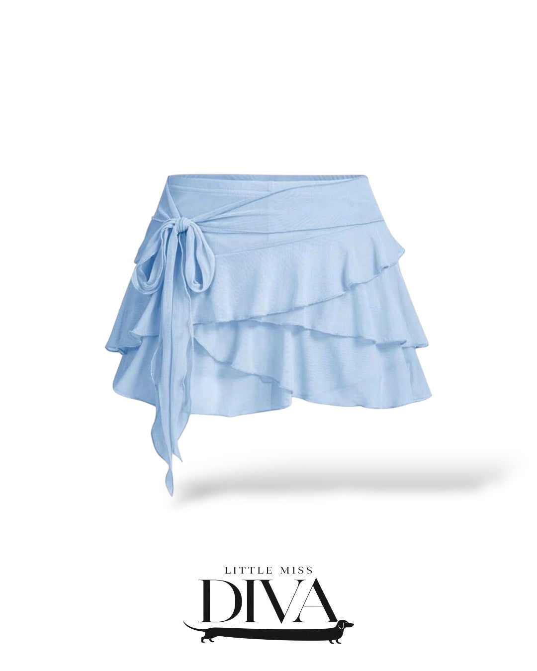 Light blue ruffle wrap mini skirt with layered hem and tie waist detail