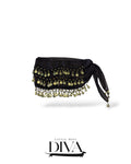 Black wrap skirt with gold coin fringe detailing
