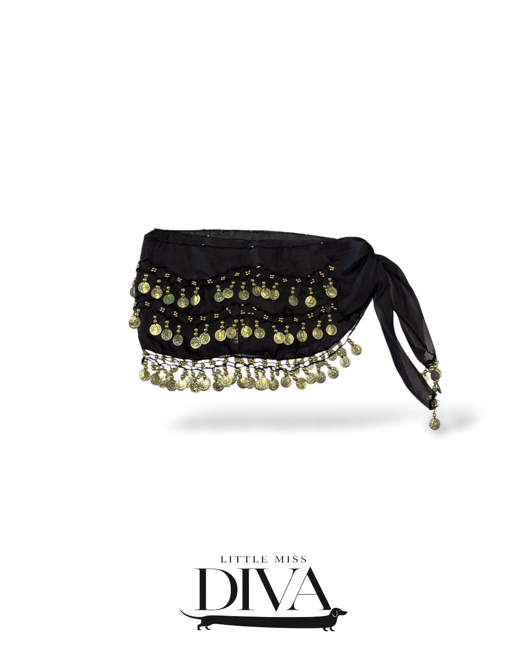 Black wrap skirt with gold coin fringe detailing
