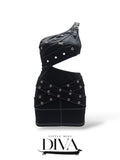 Black cutout mini dress with metal eyelet detailing and asymmetrical neckline