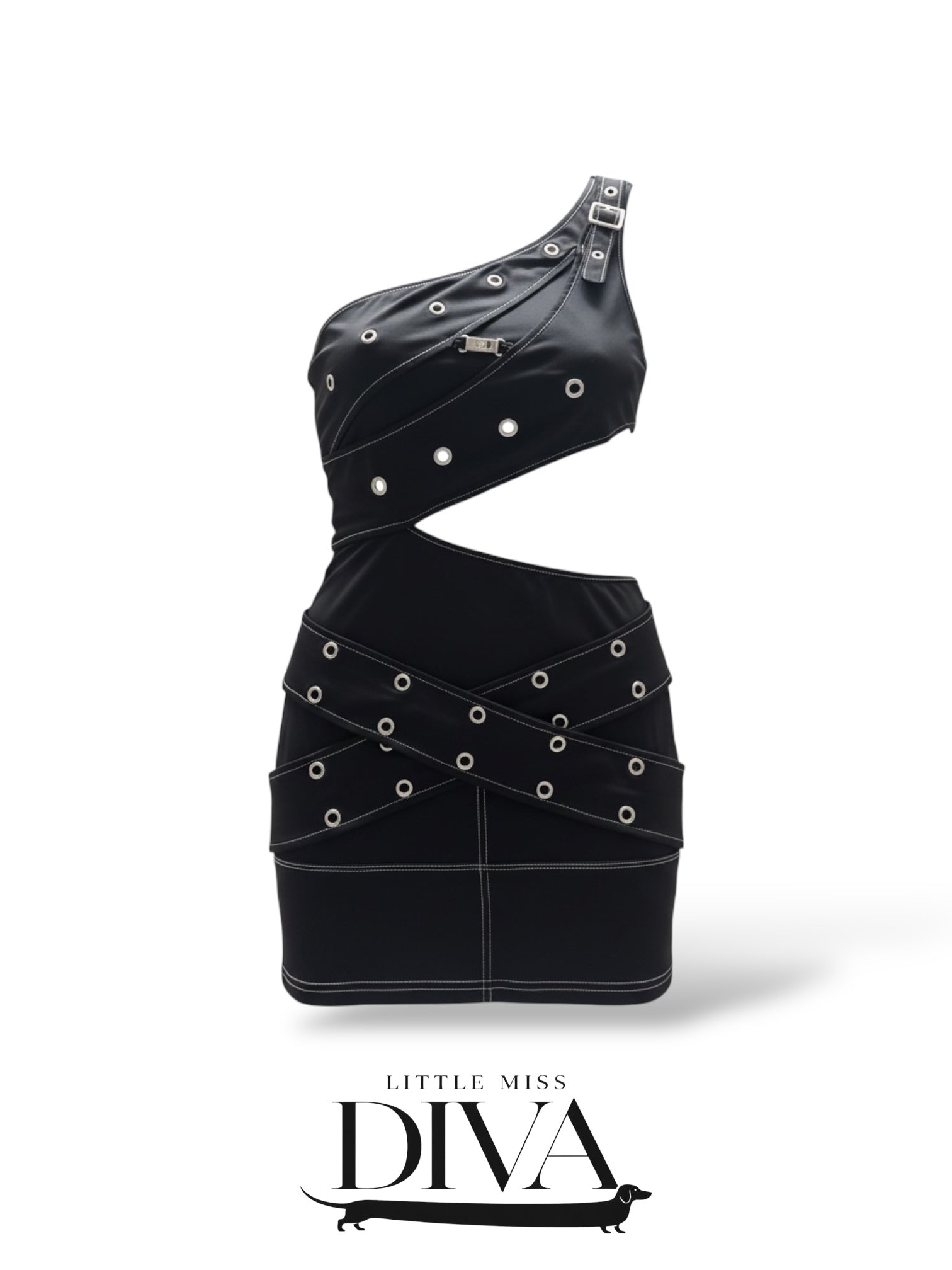 Black cutout mini dress with metal eyelet detailing and asymmetrical neckline