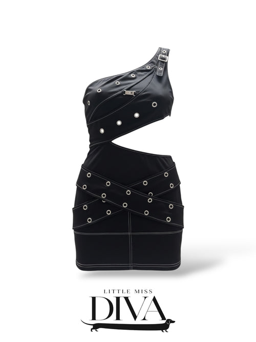 Black cutout mini dress with metal eyelet detailing and asymmetrical neckline