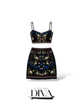 Black embroidered two-piece mini set with floral detailing and cropped top