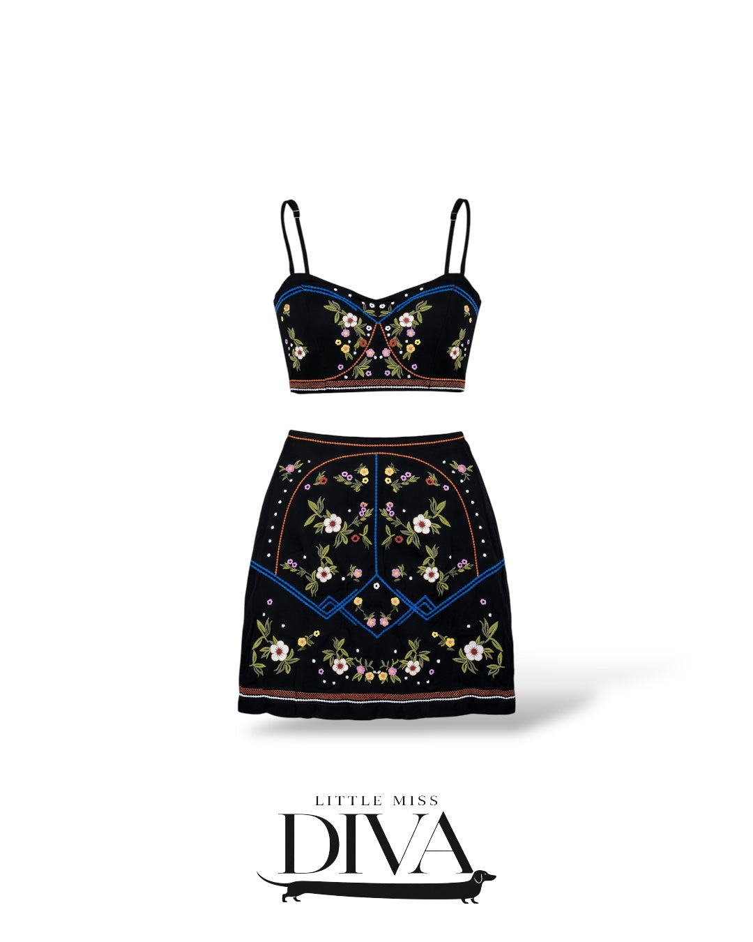 Black embroidered two-piece mini set with floral detailing and cropped top