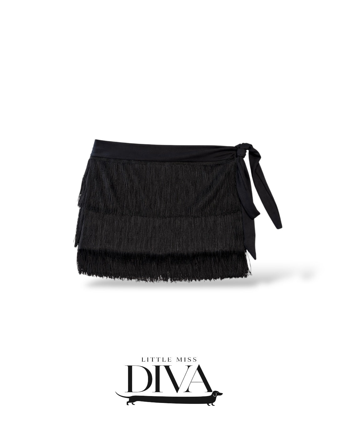 Black fringe wrap mini skirt with layered fringe and tie waist
