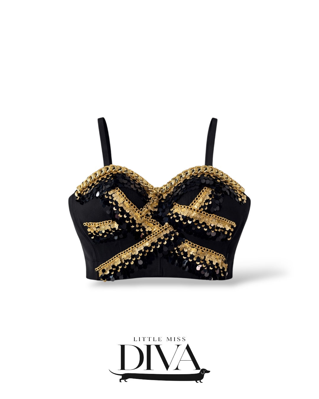 Black bustier top with gold sequin and chain embellishment
