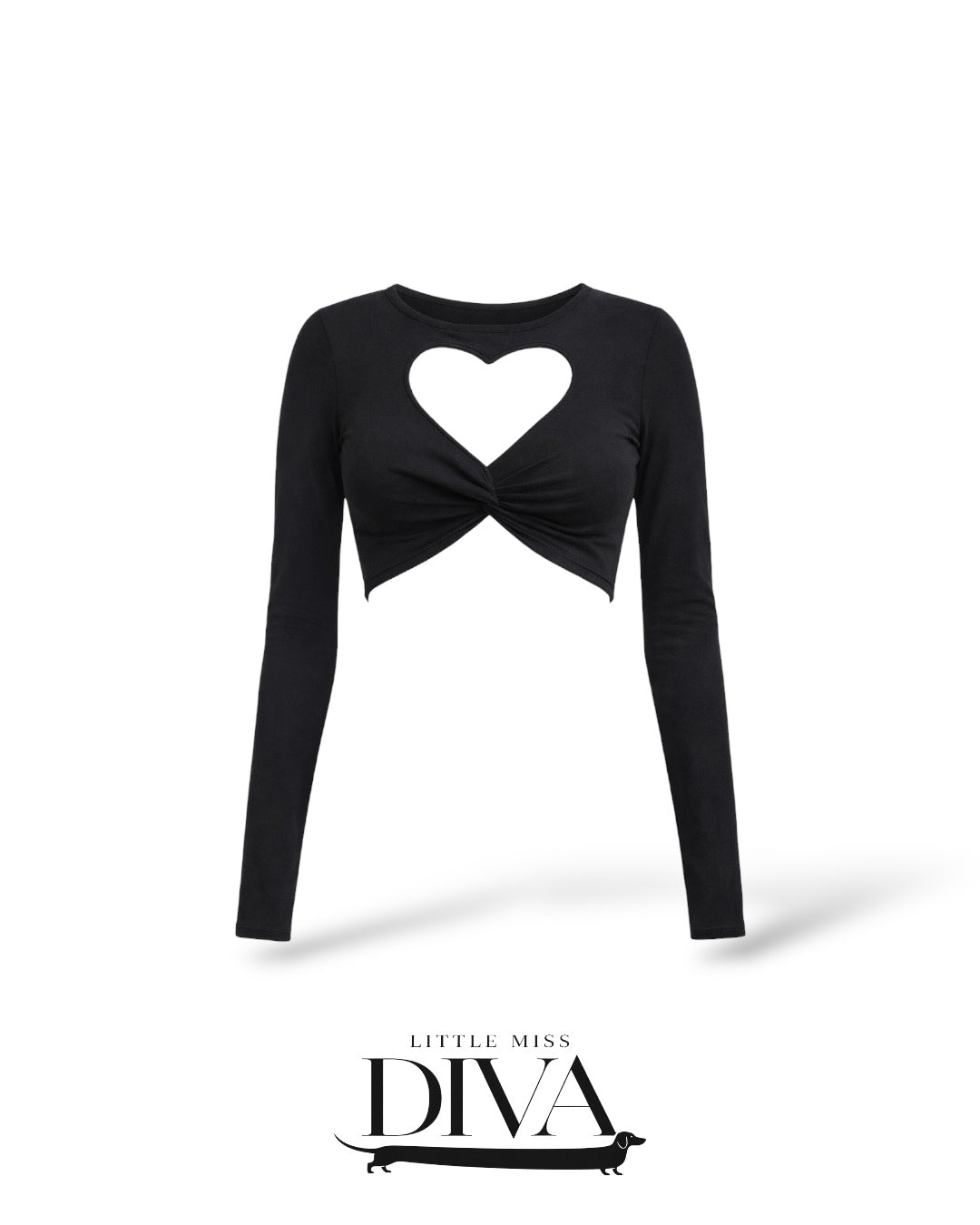 Black long sleeve crop top with heart-shaped cutout neckline and twist front detail