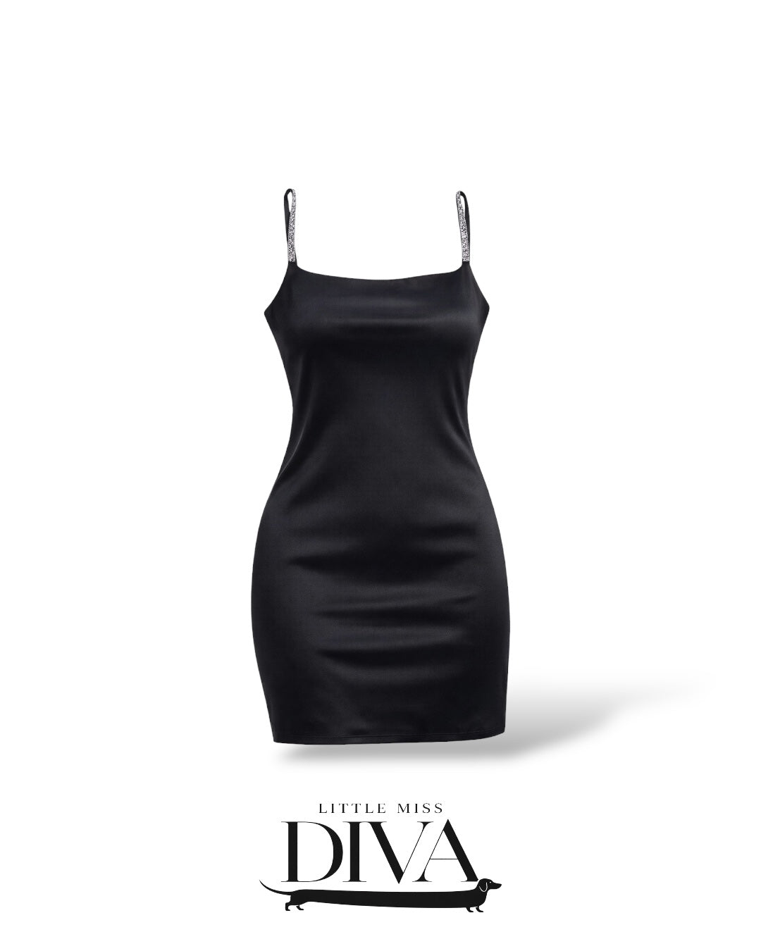Black satin mini dress with rhinestone straps and fitted silhouette