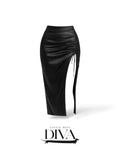 Black satin midi skirt with ruched side detail, adjustable drawstring, and thigh-high slit