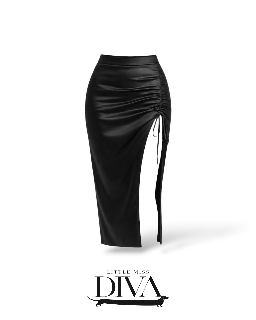 Black satin midi skirt with ruched side detail, adjustable drawstring, and thigh-high slit