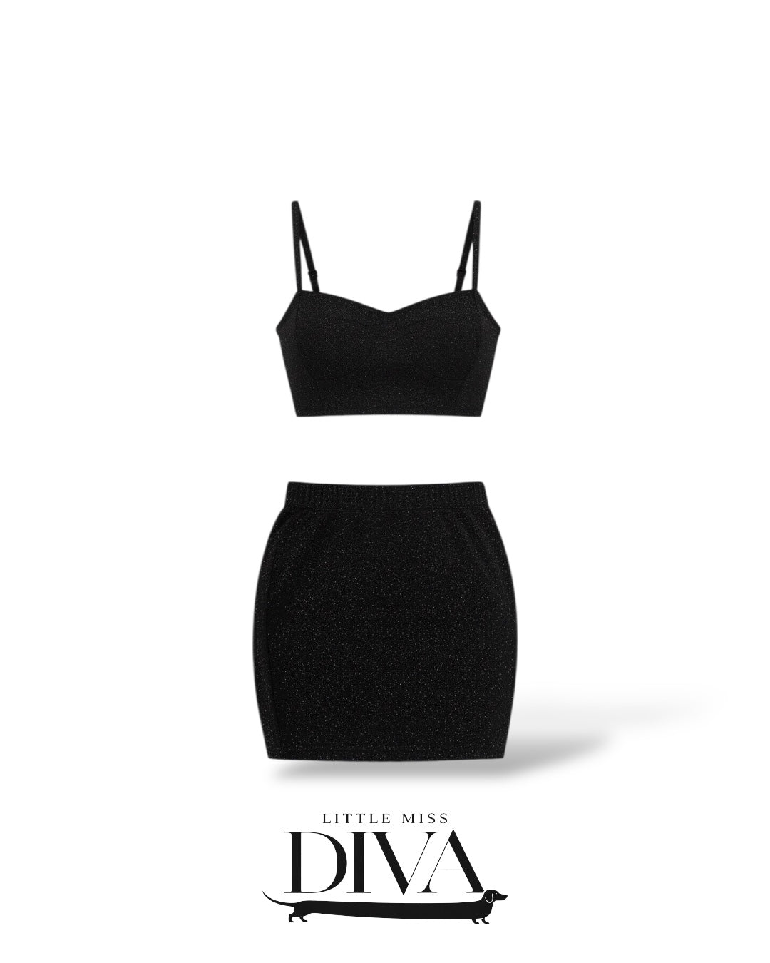 Black shimmer crop top and matching mini skirt set with fitted silhouette and subtle sparkle