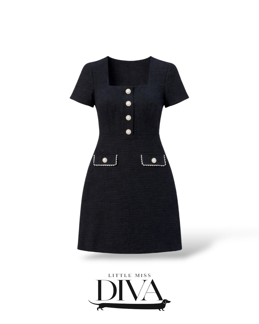Black button-front mini dress with short sleeves and decorative pocket details