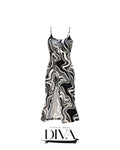 Black and white abstract print maxi dress with spaghetti straps and front slit