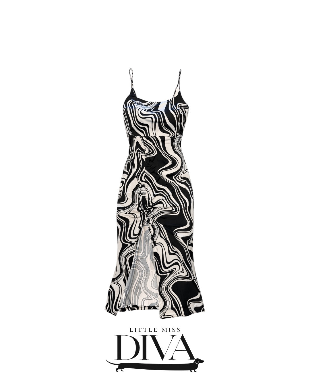 Black and white abstract print maxi dress with spaghetti straps and front slit