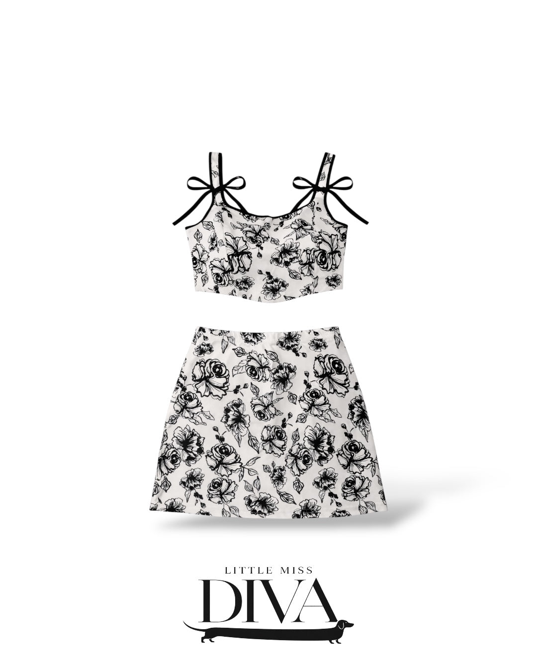 Black and white floral two-piece mini set with tie-strap crop top and matching skirt