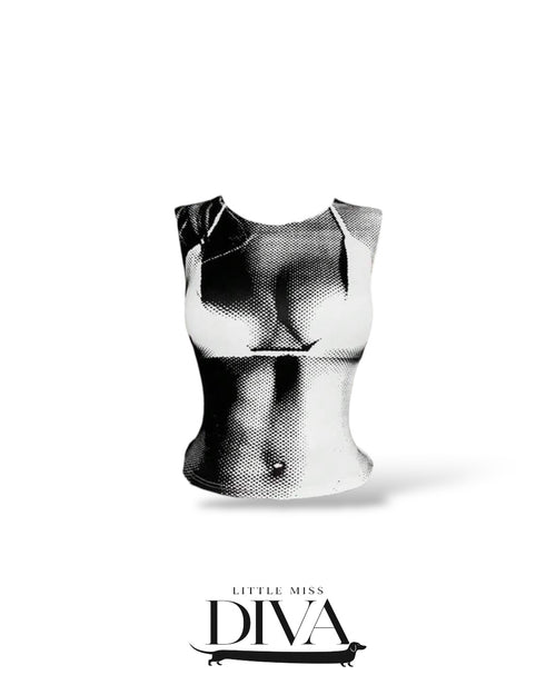 Black and white graphic body print top with sleeveless fitted silhouette for concert and birthday outfits.