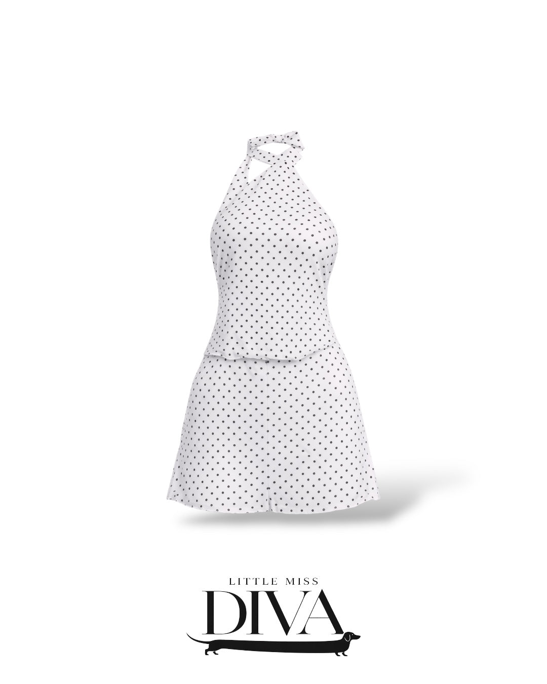 Black and white polka dot halter mini dress with fitted bodice and flared skirt silhouette