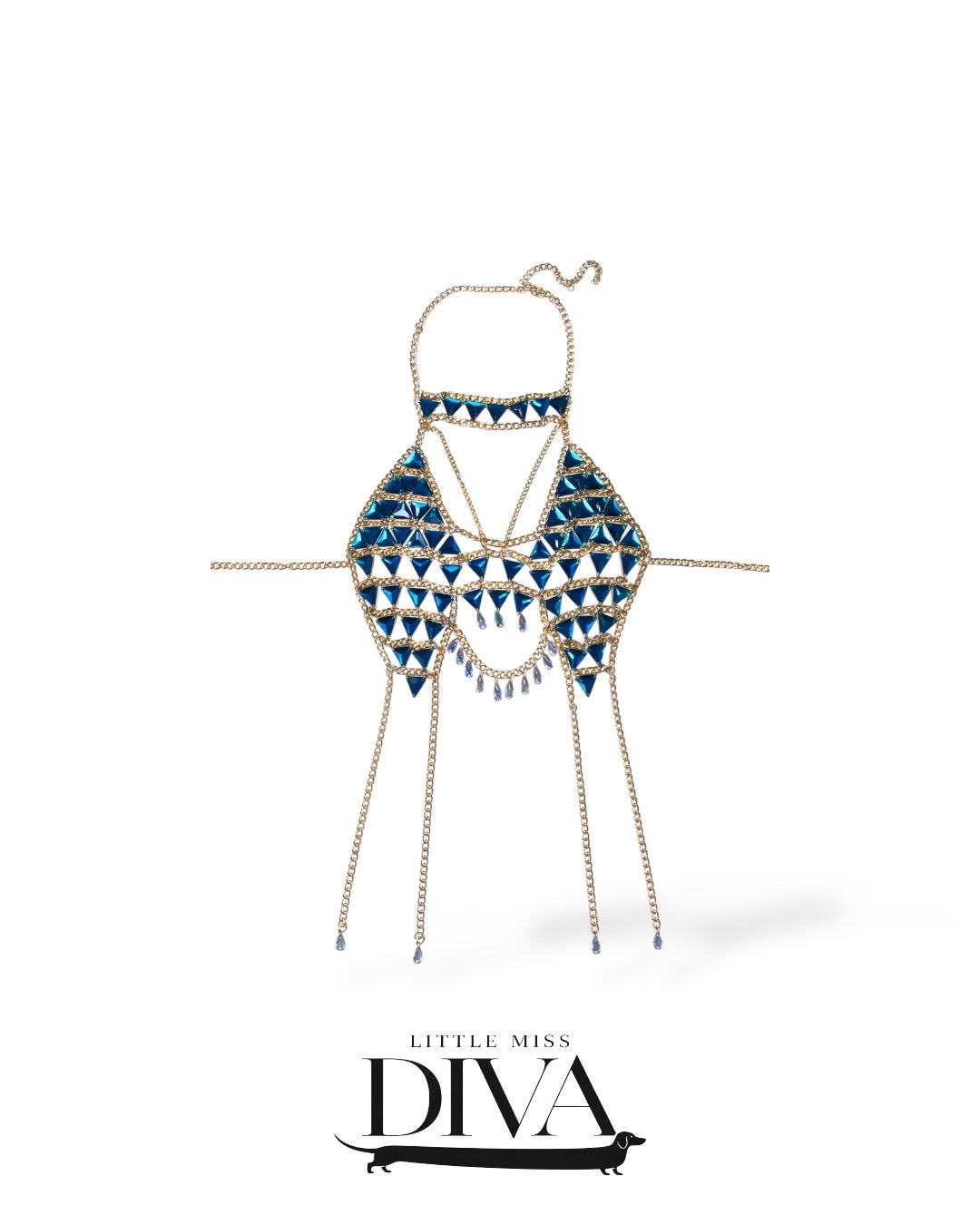 Blue crystal chain halter body top with gold chain detailing