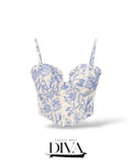 Blue floral corset bustier top with structured cups and adjustable straps for birthday and vacation outfits.