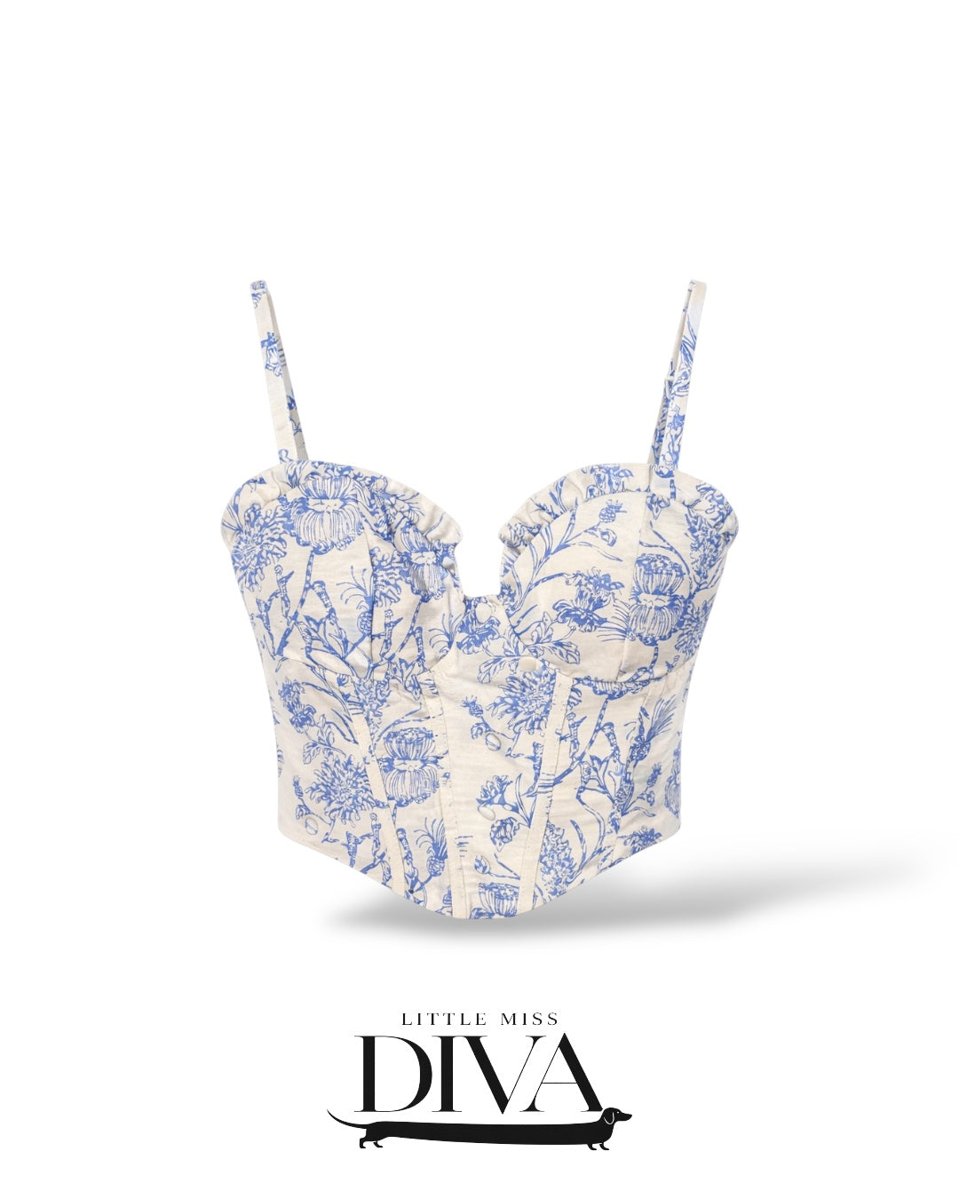 Blue floral corset bustier top with structured cups and adjustable straps for birthday and vacation outfits.