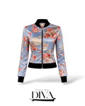 Blue floral satin zip-up jacket with ribbed trim and fitted silhouette for birthday and concert outfits.