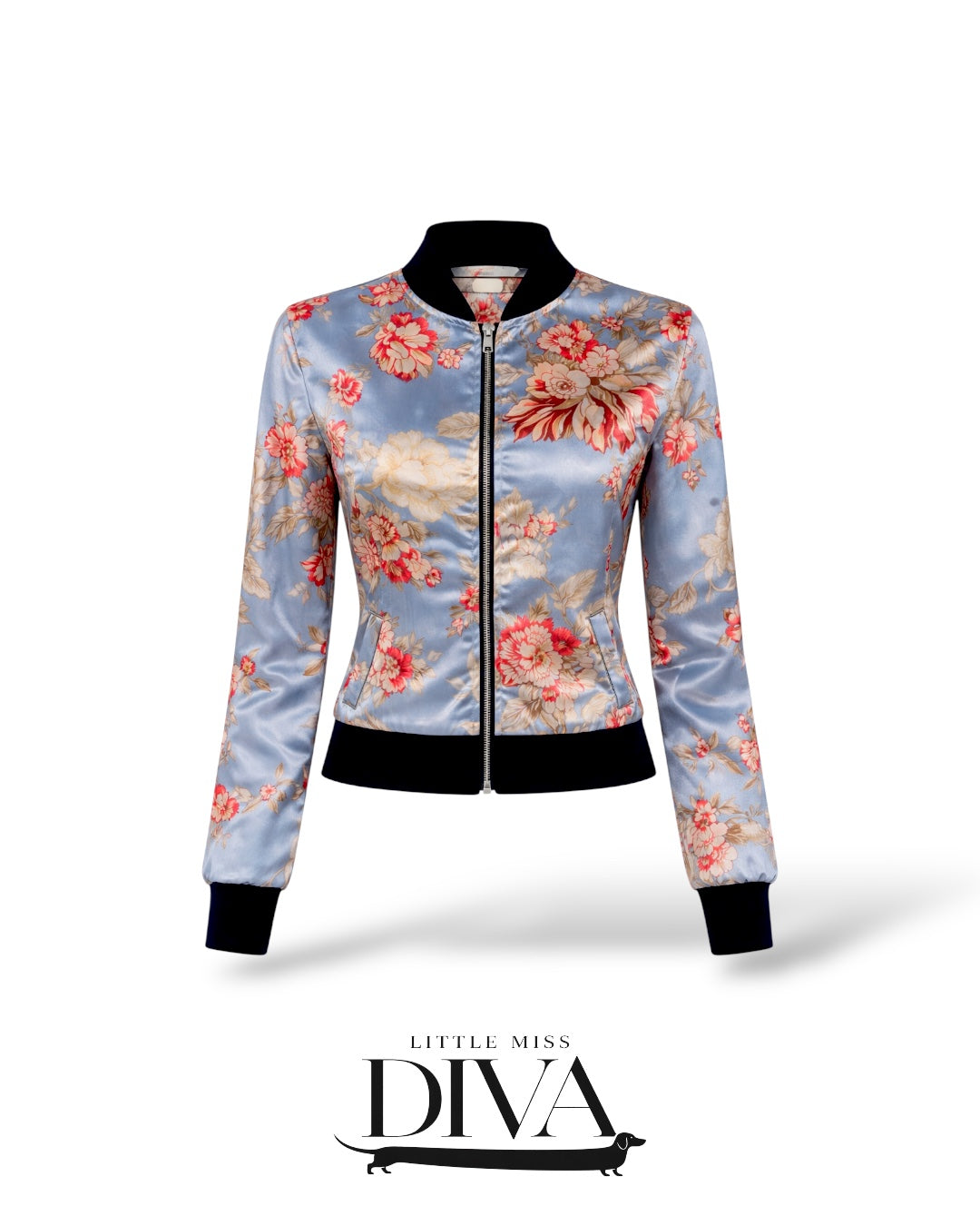Blue floral satin zip-up jacket with ribbed trim and fitted silhouette for birthday and concert outfits.