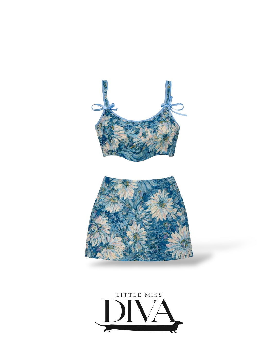 Blue floral two-piece mini set with tie-strap crop top and matching skirt