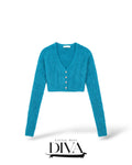 Blue fuzzy cropped cardigan with v-neckline and button front