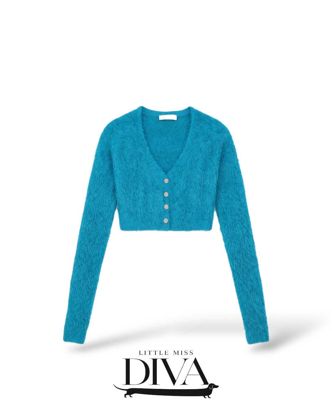 Blue fuzzy cropped cardigan with v-neckline and button front
