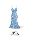 Blue palm print maxi dress with fitted bodice and flared hem