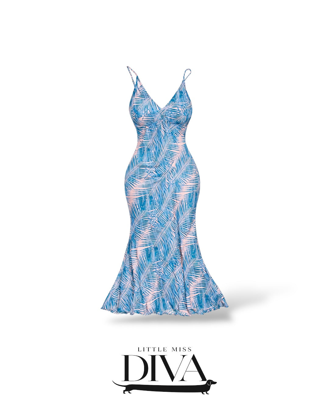Blue palm print maxi dress with fitted bodice and flared hem