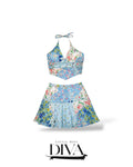 Blue patchwork floral two-piece set with halter crop top and matching skirt