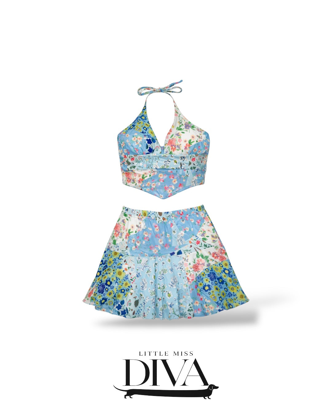 Blue patchwork floral two-piece set with halter crop top and matching skirt