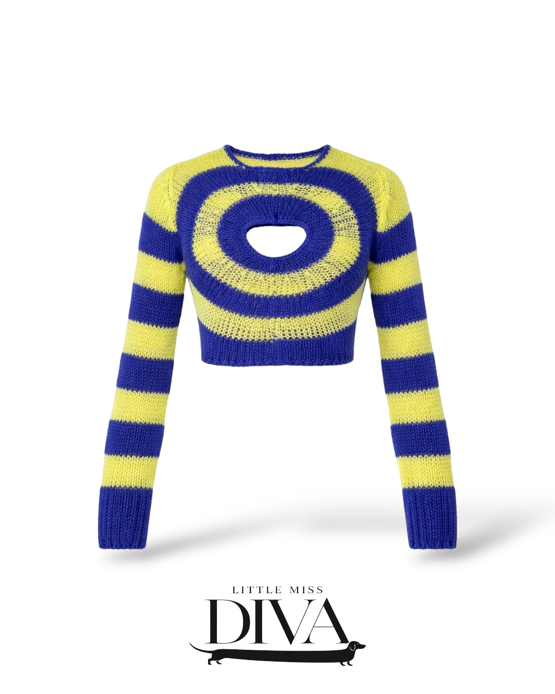 Blue and yellow striped knit crop top with front cut-out detail and long sleeves for concert and birthday outfits.