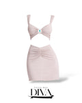 Blush ruched two-piece mini set with cutout top and fitted skirt