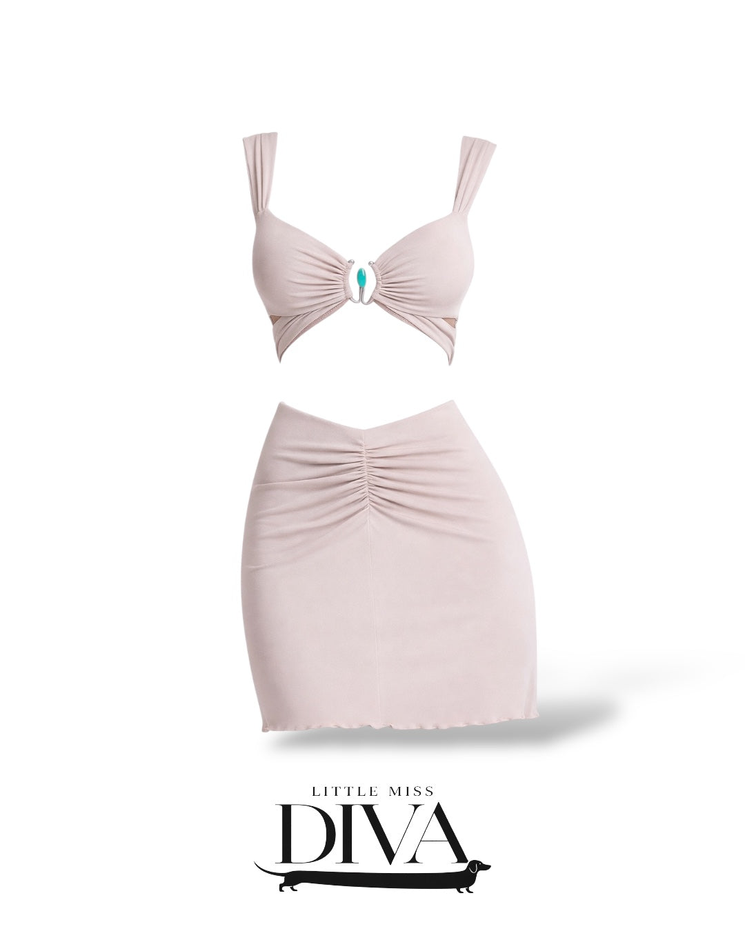 Blush ruched two-piece mini set with cutout top and fitted skirt