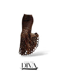 Brown crochet maxi skirt with gold detailing and open-knit hem