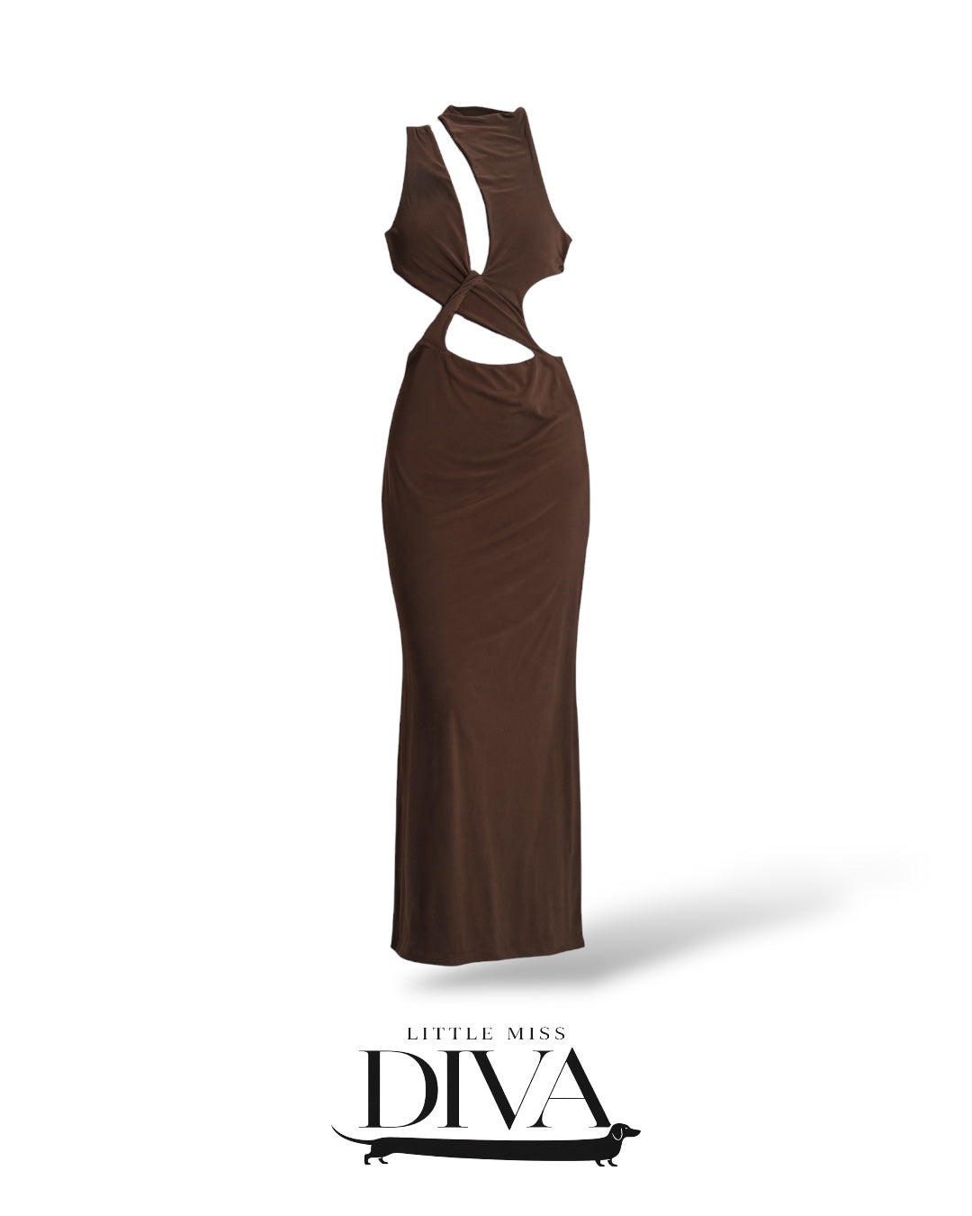 Brown cut-out maxi dress with twisted front detail and sleek fitted silhouette