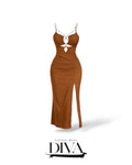 Brown cutout maxi dress with crisscross straps and front slit