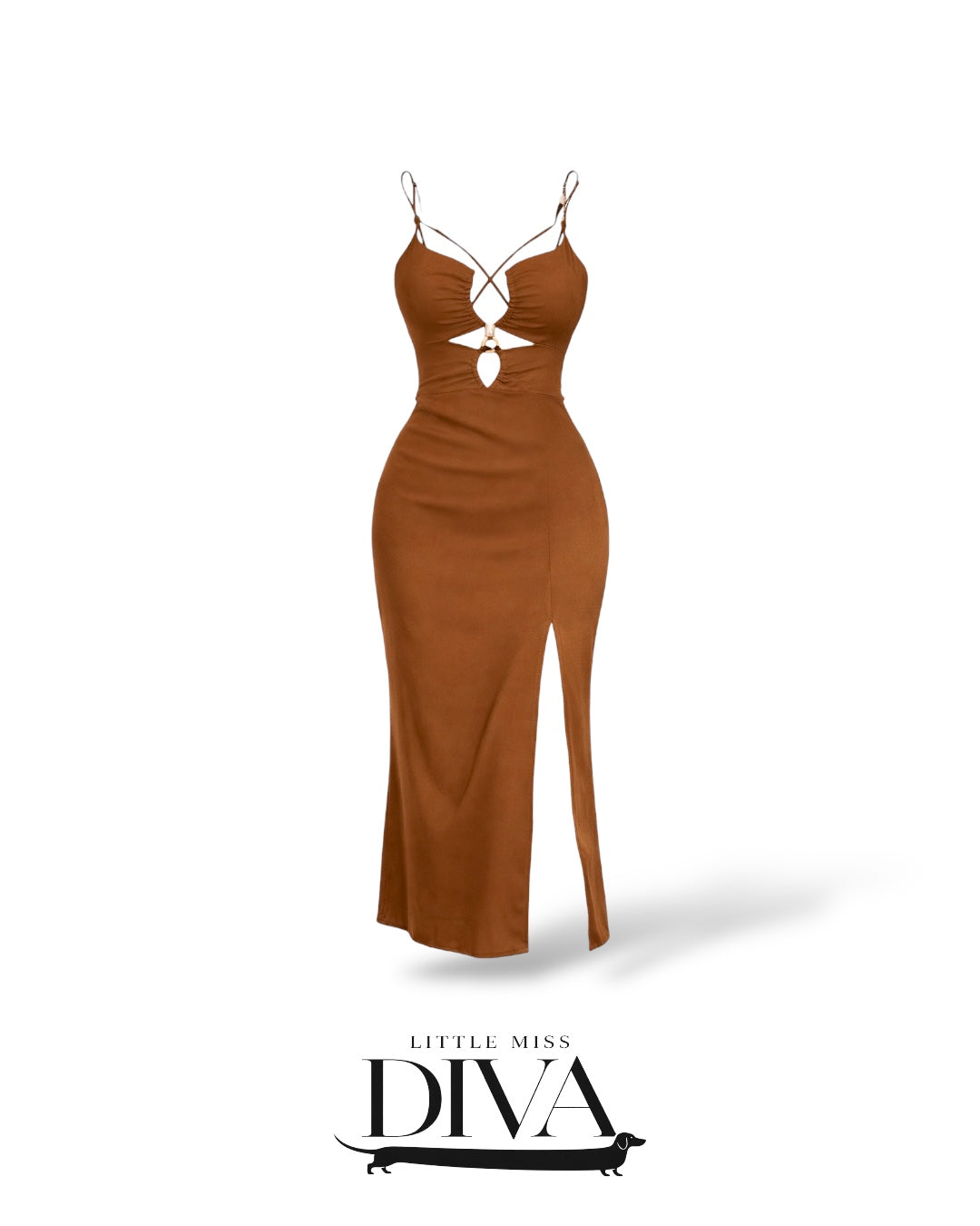 Brown cutout maxi dress with crisscross straps and front slit